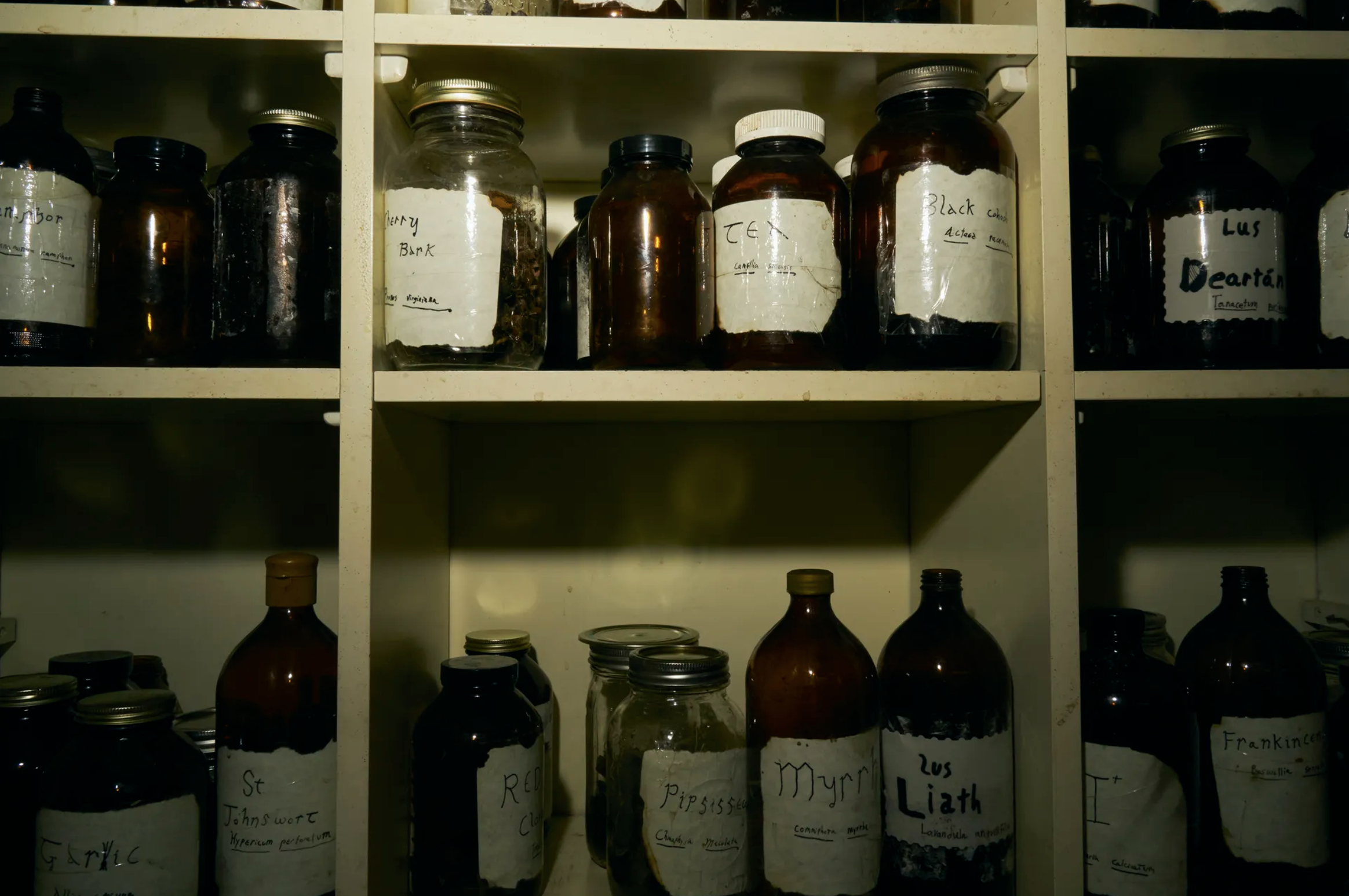 A collection of herbal tinctures lining multiple shelves.
